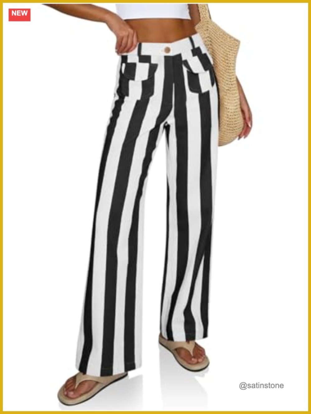 High Waist Striped Wide Leg Jeans Baggy Denim Pants Cotton Stretch Casual